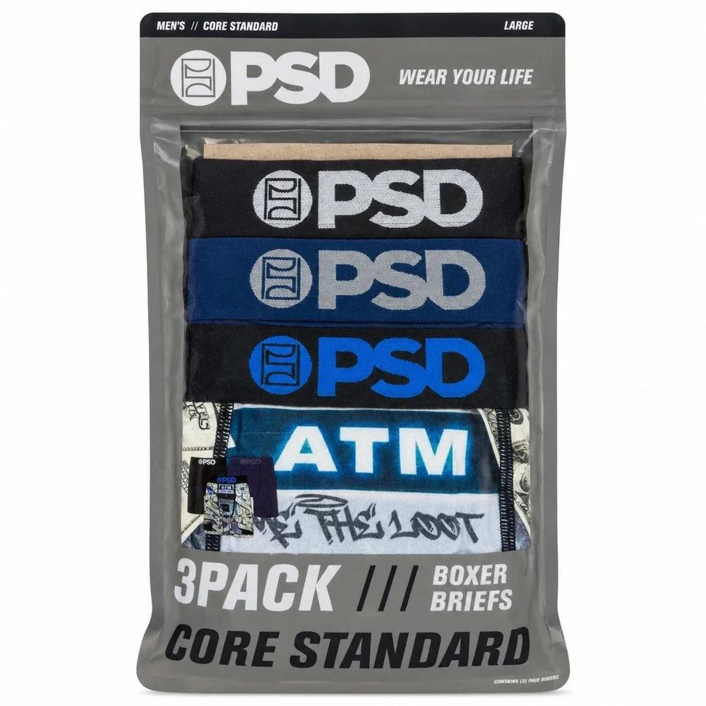 PSD Mens Core Standard Boxer Briefs 3-Pack ATM Money Graphic Large 7in Inseam